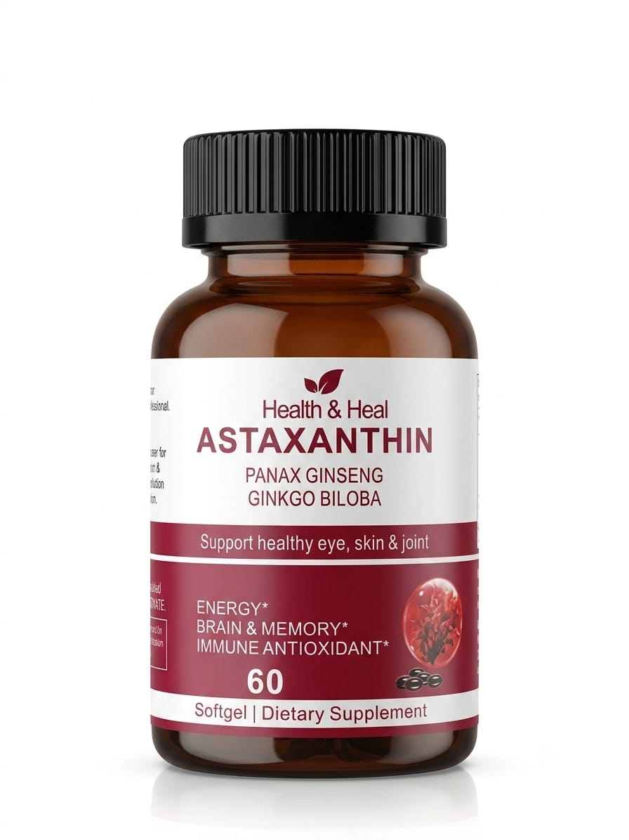 Health & Heal Astaxanthin with Panax Ginseng & Ginkgo Biloba — Energy, Brain, Memory & Antioxidant Wellness Softgels | 60 Softgels