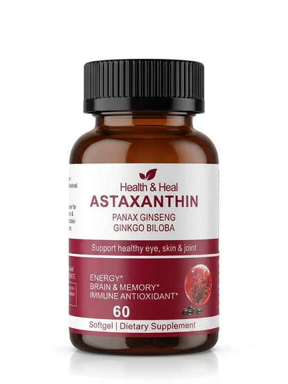 Health & Heal Astaxanthin with Panax Ginseng & Ginkgo Biloba — Energy, Brain, Memory & Antioxidant Wellness Softgels | 60 Softgels