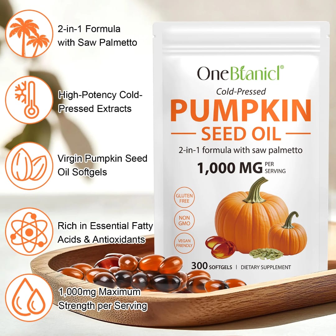 OneBotanic Cold-Pressed Pumpkin Seed Oil 1000mg with Saw Palmetto — Hair, Urinary & Omega Wellness Softgels | 300 Softgels