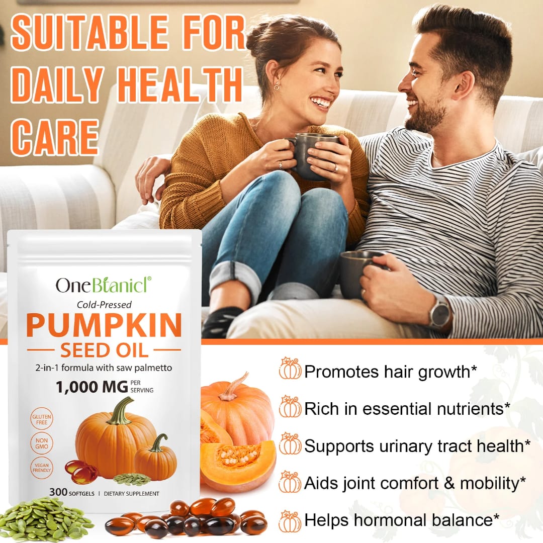 OneBotanic Cold-Pressed Pumpkin Seed Oil 1000mg with Saw Palmetto — Hair, Urinary & Omega Wellness Softgels | 300 Softgels