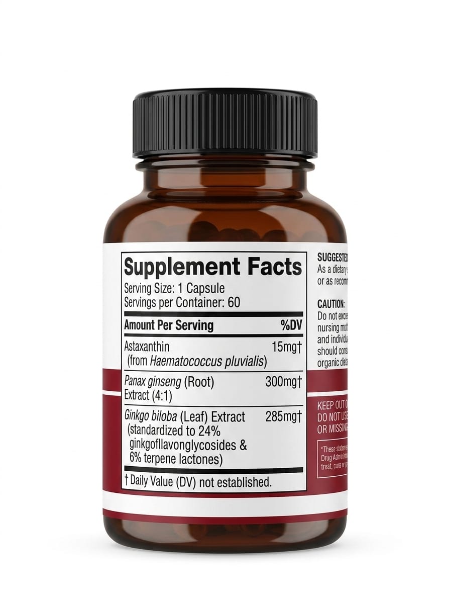 Health & Heal Astaxanthin with Panax Ginseng & Ginkgo Biloba — Energy, Brain, Memory & Antioxidant Wellness Softgels | 60 Softgels