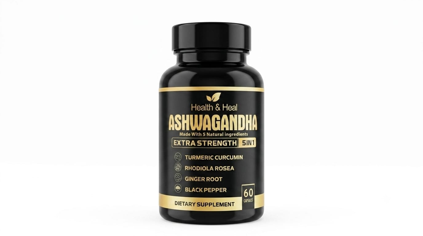 Health & Heal Ashwagandha Extra Strength 5-in-1 — Turmeric Curcumin, Rhodiola Rosea, Ginger & Black Pepper Adaptogenic Wellness Capsules