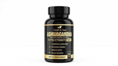 Health & Heal Ashwagandha Extra Strength 5-in-1 — Turmeric Curcumin, Rhodiola Rosea, Ginger & Black Pepper Adaptogenic Wellness Capsules