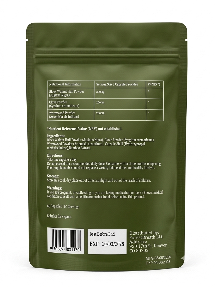 Back of the Wormwood, Black Walnut and Clove Capsules pouch showing the nutritional information panel, ingredients list, directions and storage details