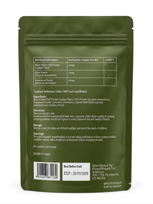 Back of the Wormwood, Black Walnut and Clove Capsules pouch showing the nutritional information panel, ingredients list, directions and storage details
