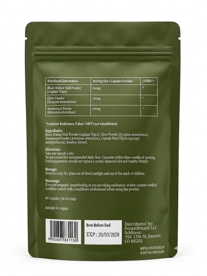 Back of the Wormwood, Black Walnut and Clove Capsules pouch showing the nutritional information panel, ingredients list, directions and storage details