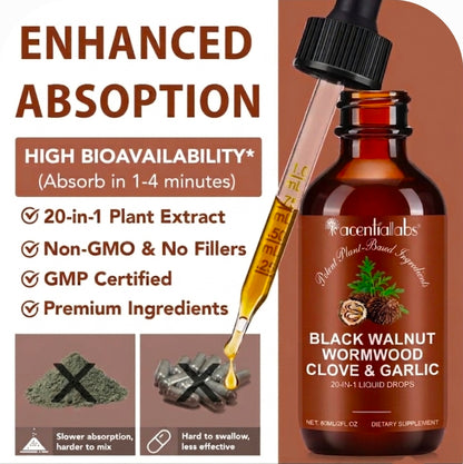 Acential Labs Black Walnut, Wormwood, Clove & Garlic Liquid Drops — 20-in-1 Herbal Blend | 60mL