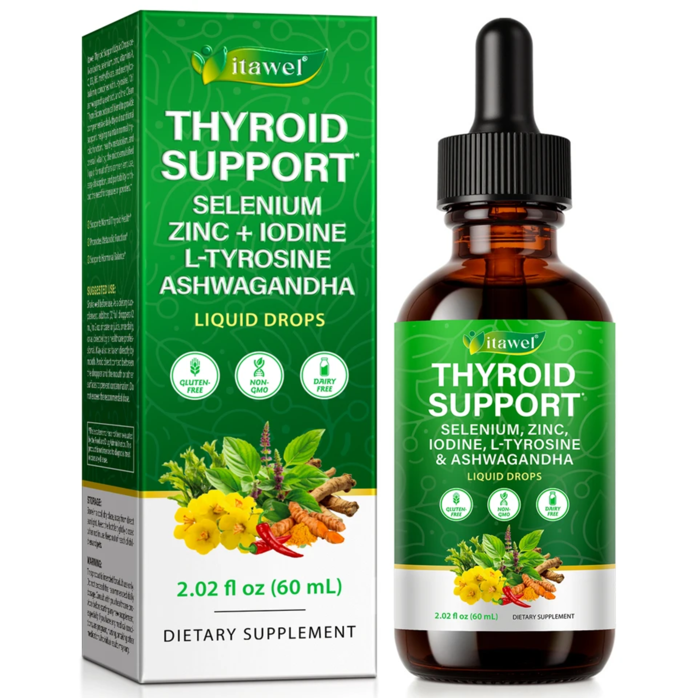 Itawel Iodine, Selenium, Zinc & L-Tyrosine Liquid Drops with Ashwagandha — 60mL | 30 Servings