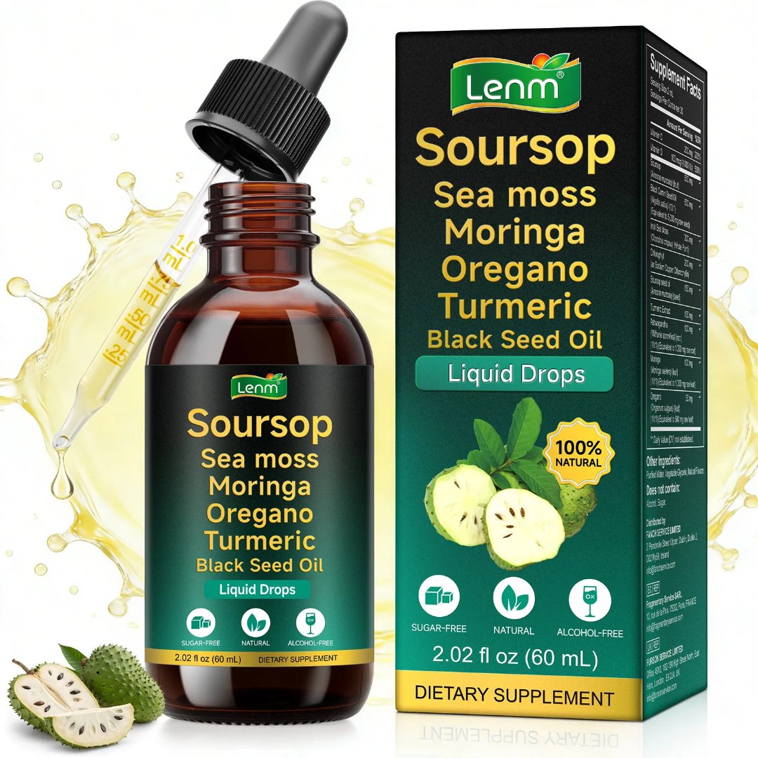 Lenm Soursop Liquid Drops 60mL dropper bottle with sea moss, moringa, turmeric and black seed oil
