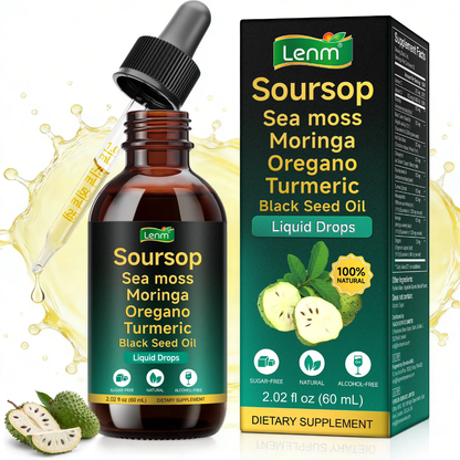 Lenm Soursop Liquid Drops 60mL dropper bottle with sea moss, moringa, turmeric and black seed oil