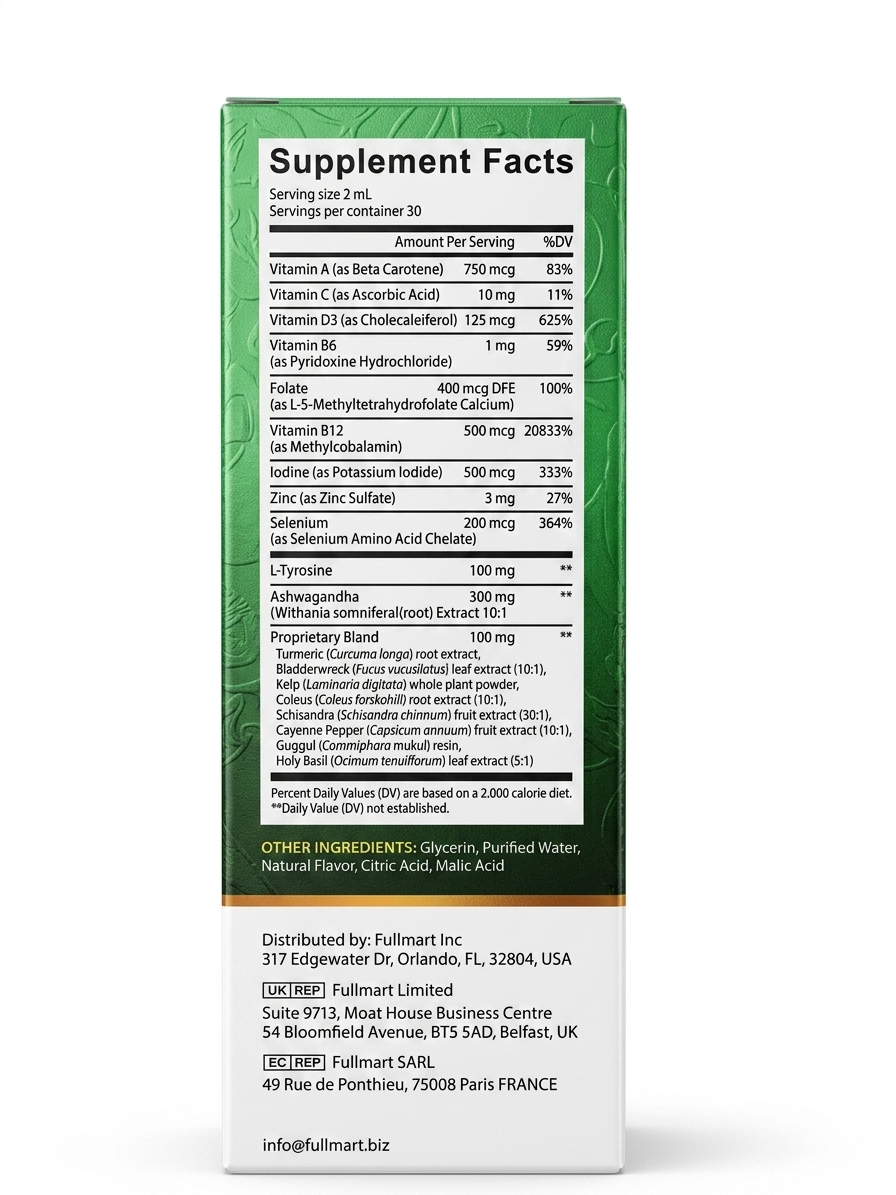 Itawel Iodine, Selenium, Zinc & L-Tyrosine Liquid Drops with Ashwagandha — 60mL | 30 Servings