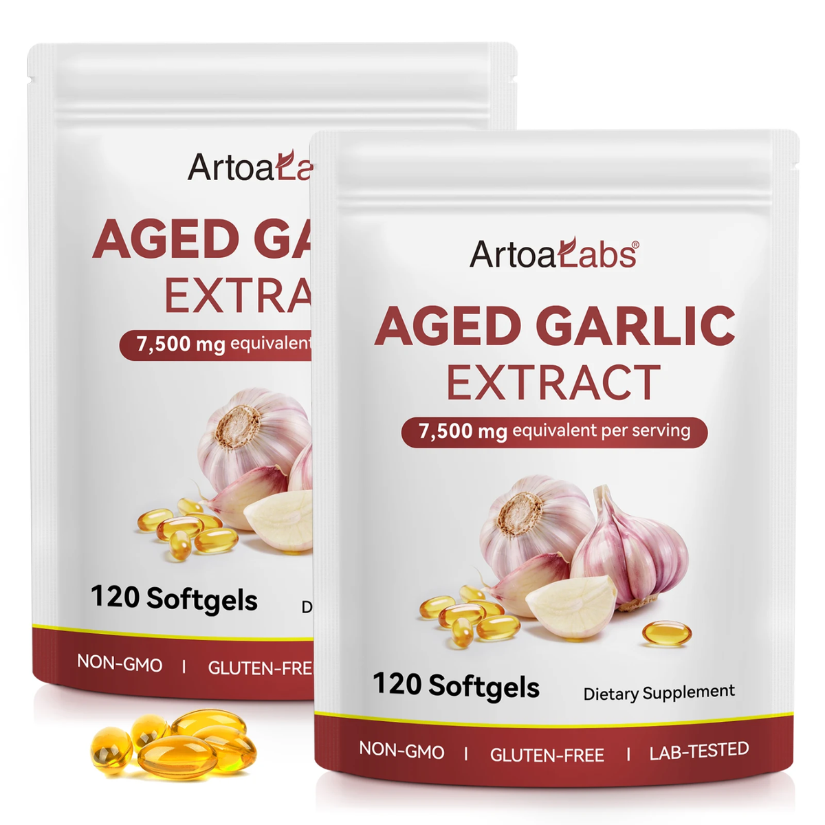 ArtoaLabs Aged Garlic Extract 500mg softgels pouch, 15 to 1 extract equivalent to 7,500mg aged garlic, 120 softgels, non-GMO gluten-free lab-tested