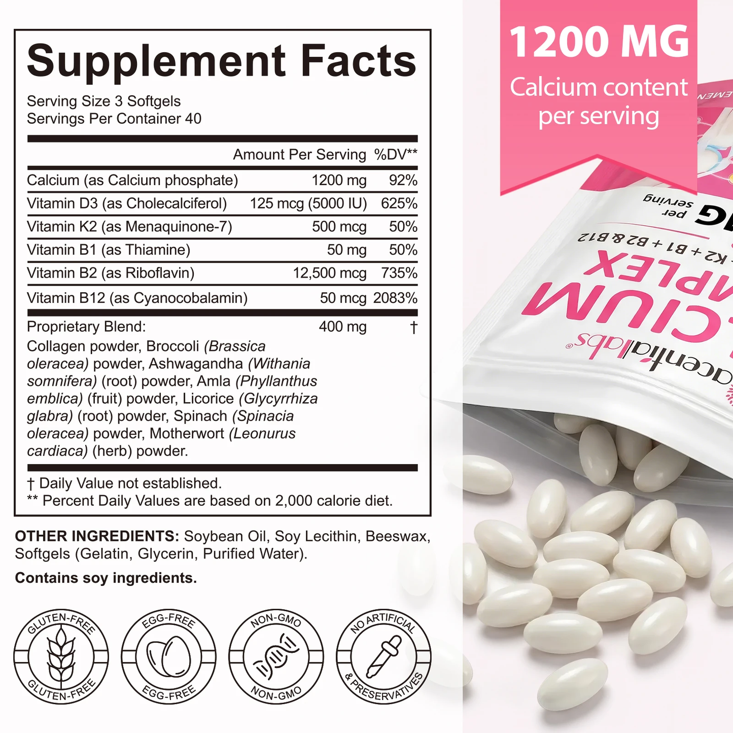 Acential Labs Calcium Complex 1200mg with Vitamin D3, K2, B1, B2 & B12 — High-Absorption Softgels | 120 Softgels