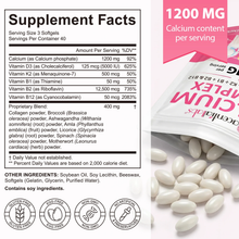 Supplement facts panel for Acential Labs Calcium Complex — 1200mg calcium, Vitamin D3, K2, B1, B2 and B12 per 3 softgel serving, with proprietary blend. Contains soy.