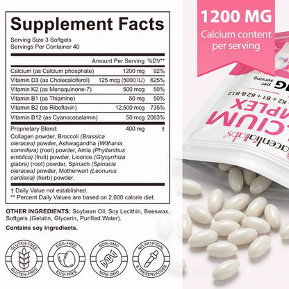Acential Labs Calcium Complex 1200mg with Vitamin D3, K2, B1, B2 & B12 — High-Absorption Softgels | 120 Softgels