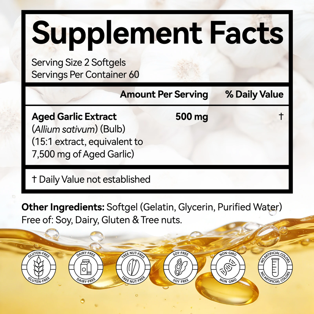Aged Garlic Extract 500mg softgels with fresh garlic bulb and cloves, 120 gelatin softgels