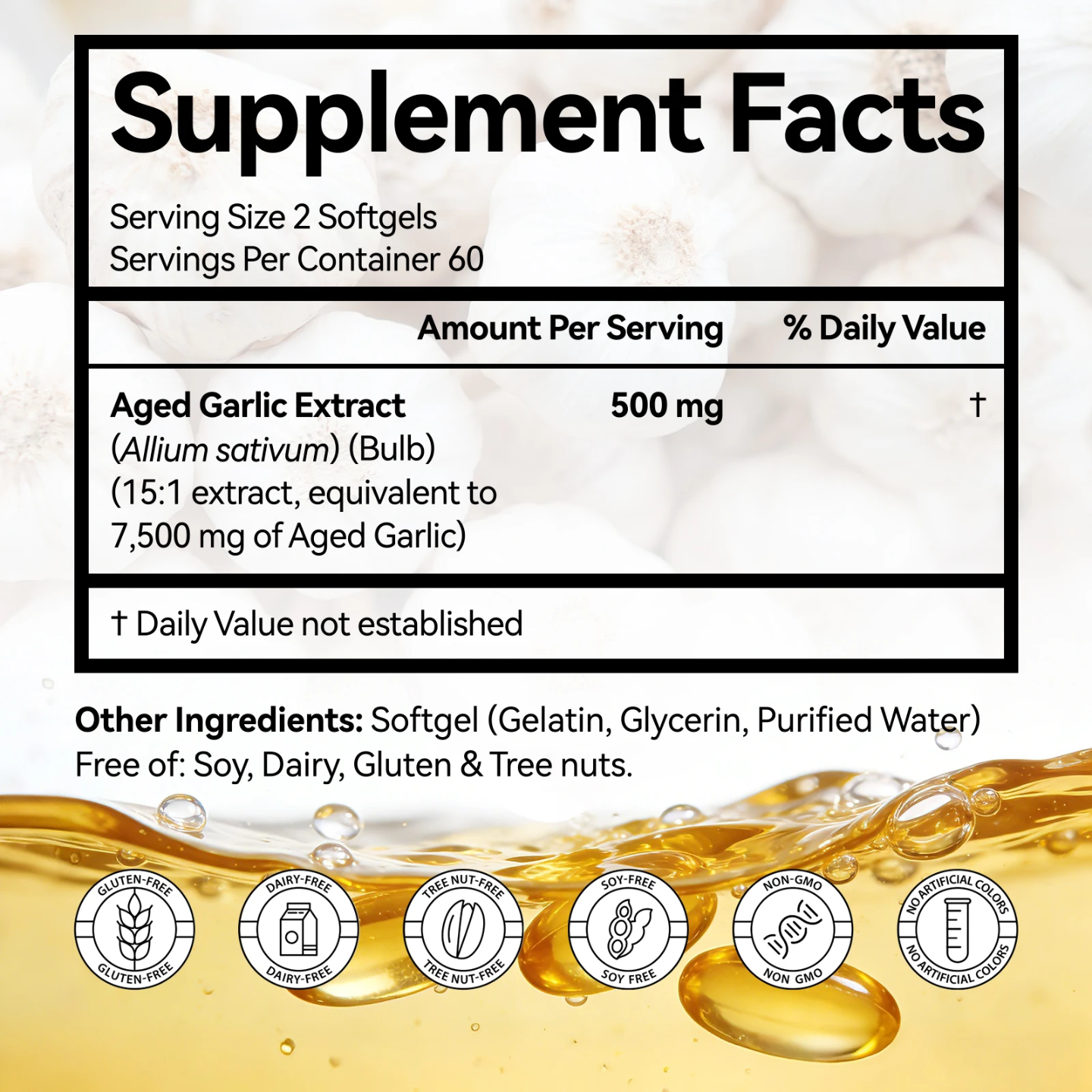 Aged Garlic Extract 500mg softgels with fresh garlic bulb and cloves, 120 gelatin softgels