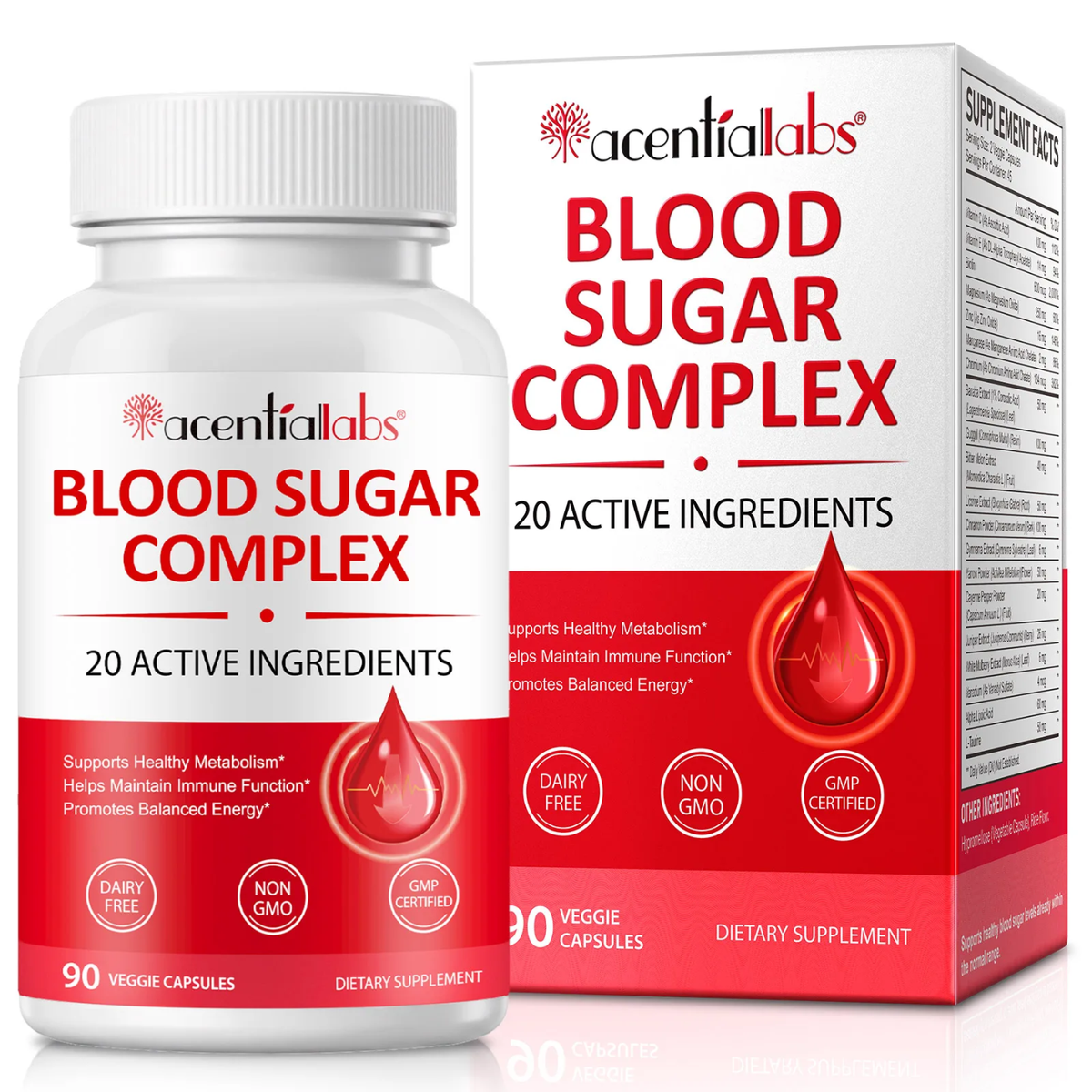 Acential Labs Chromium and Botanical Complex, 20 active ingredients, 90 veggie capsules, red and white box front