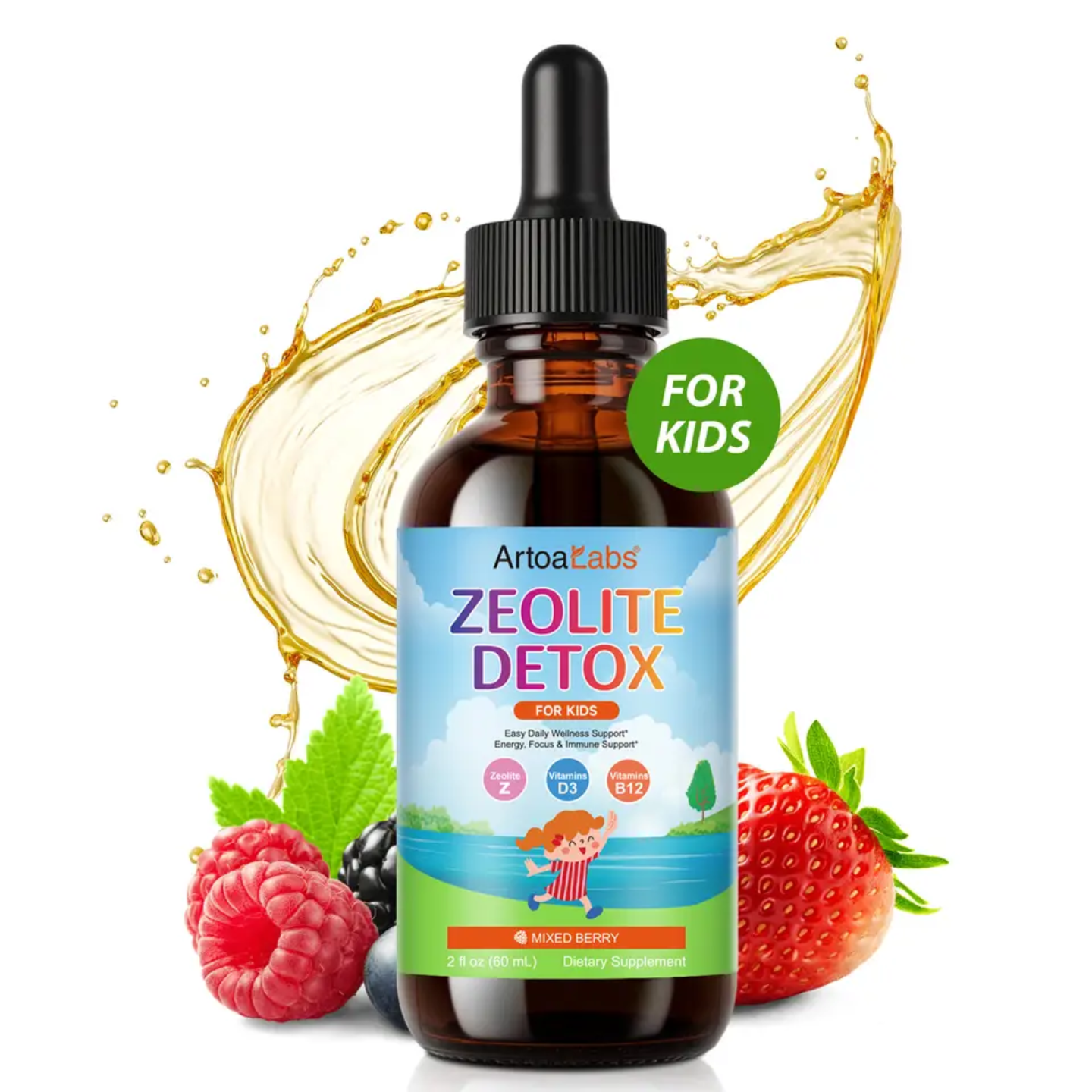 ArtoaLabs Vitamin D & B12 Liquid Drops with Zeolite — Mixed Berry | 60mL | 30 Servings