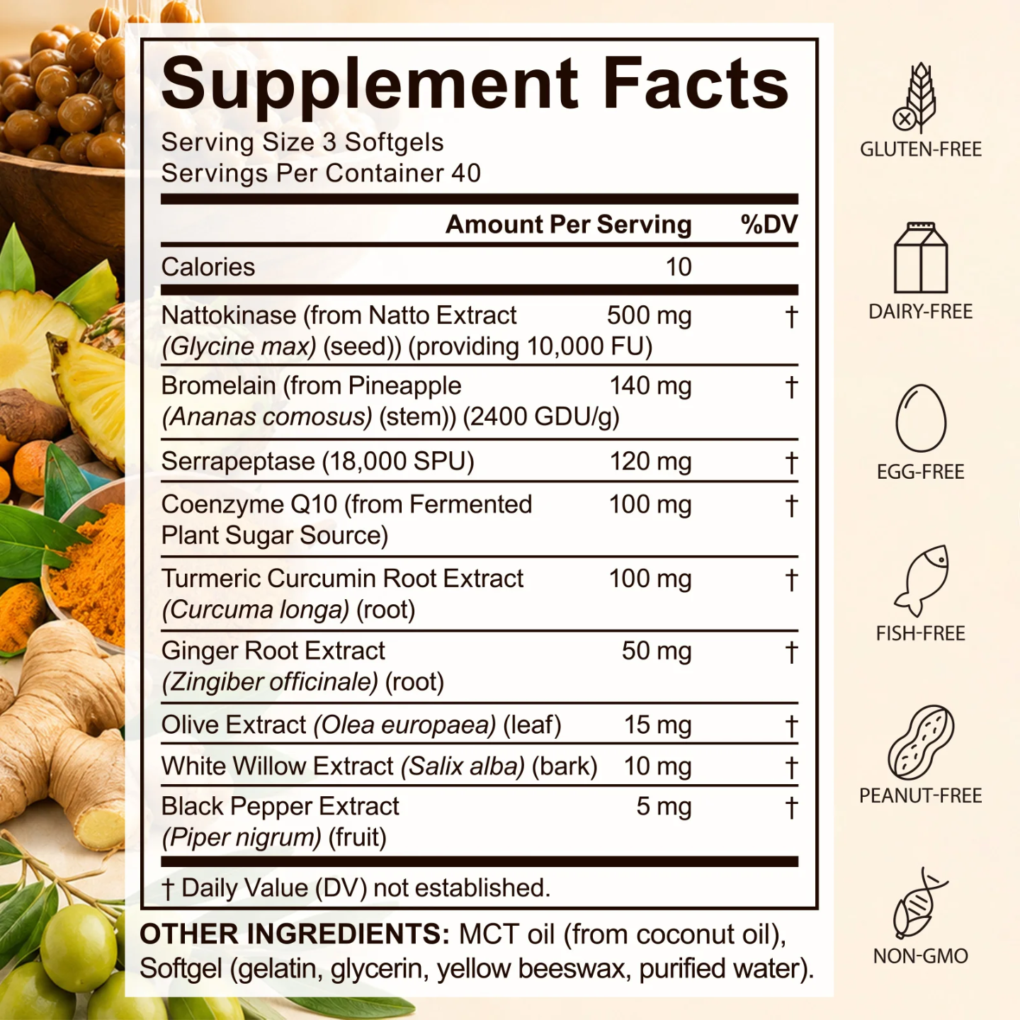 Solo Tree Nattokinase 10,000 FU with CoQ10, Serrapeptase & Bromelain — 120 Softgels