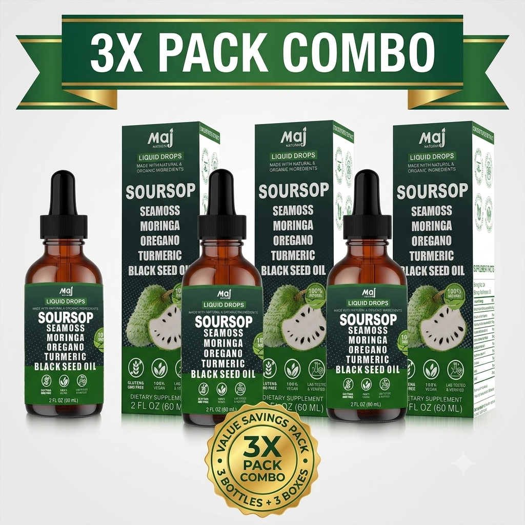 Maj Natural Soursop Liquid Drops with Sea Moss, Moringa & Black Seed Oil — 3 Pack Bundle | 90 Servings