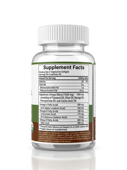 Health & Heal Omega 3-6-9 Vegetarian Softgels — Flaxseed, Olive, Borage, Pomegranate & Sacha Inchi Oil Blend | 120 Softgels