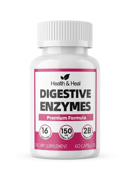 Health & Heal Digestive Enzymes Premium Formula — 16 Enzymes + Prebiotic & Probiotic Blend | 60 Capsules