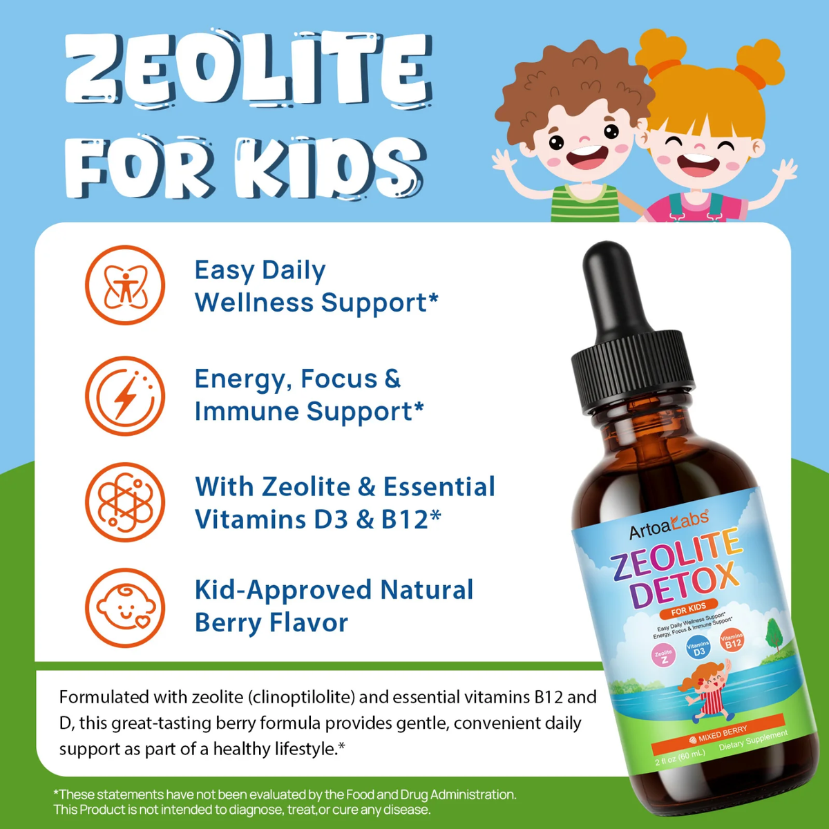 ArtoaLabs Vitamin D & B12 Liquid Drops with Zeolite — Mixed Berry | 60mL | 30 Servings