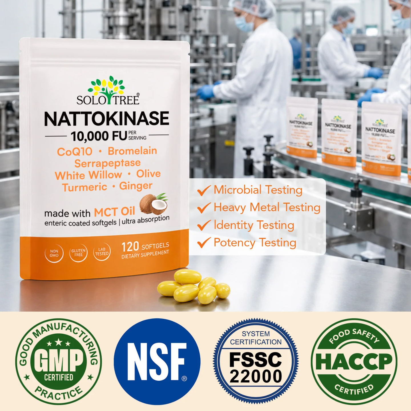 Solo Tree Nattokinase 10,000 FU with CoQ10, Serrapeptase & Bromelain — 120 Softgels