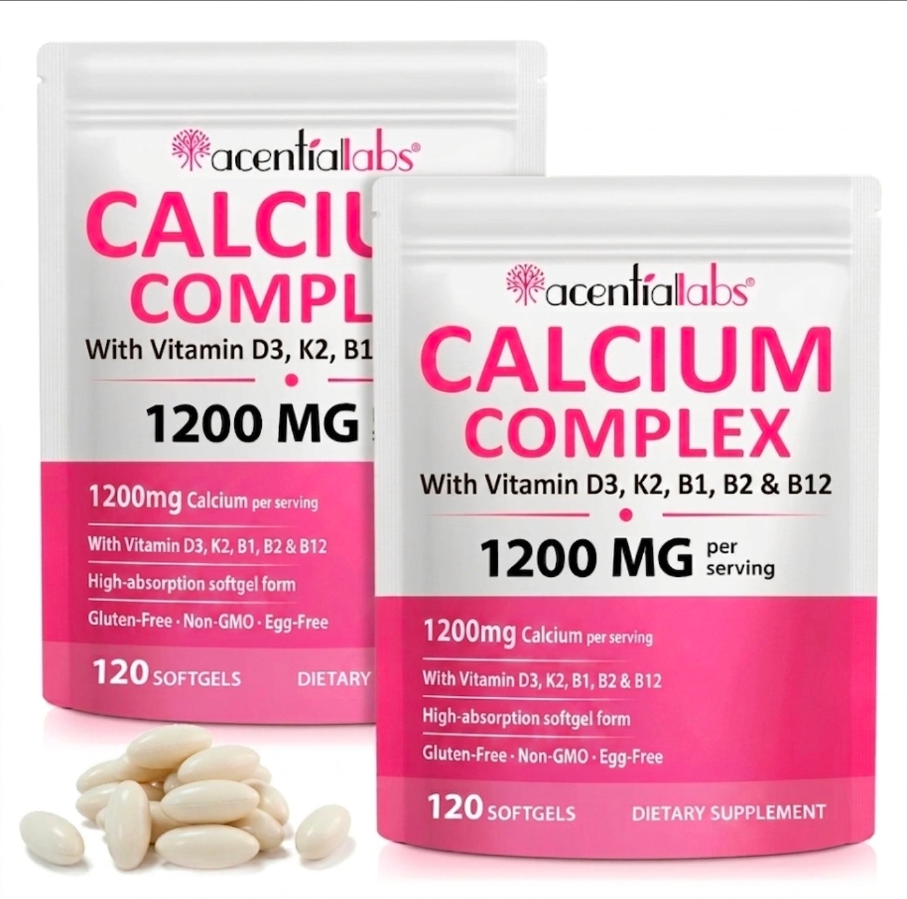 Acential Labs Calcium Complex 1200mg with Vitamin D3, K2, B1, B2 & B12 — High-Absorption Softgels | 120 Softgels