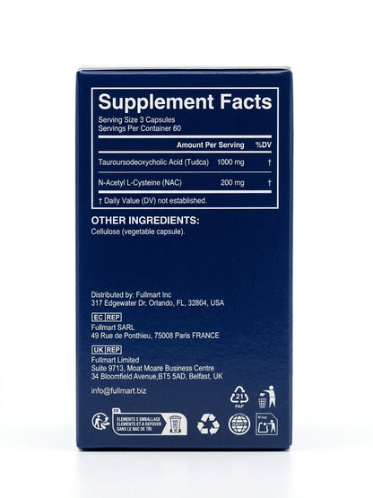 ArtoaLabs TUDCA + NAC supplement facts: 1000mg TUDCA and 200mg NAC per 3-capsule serving