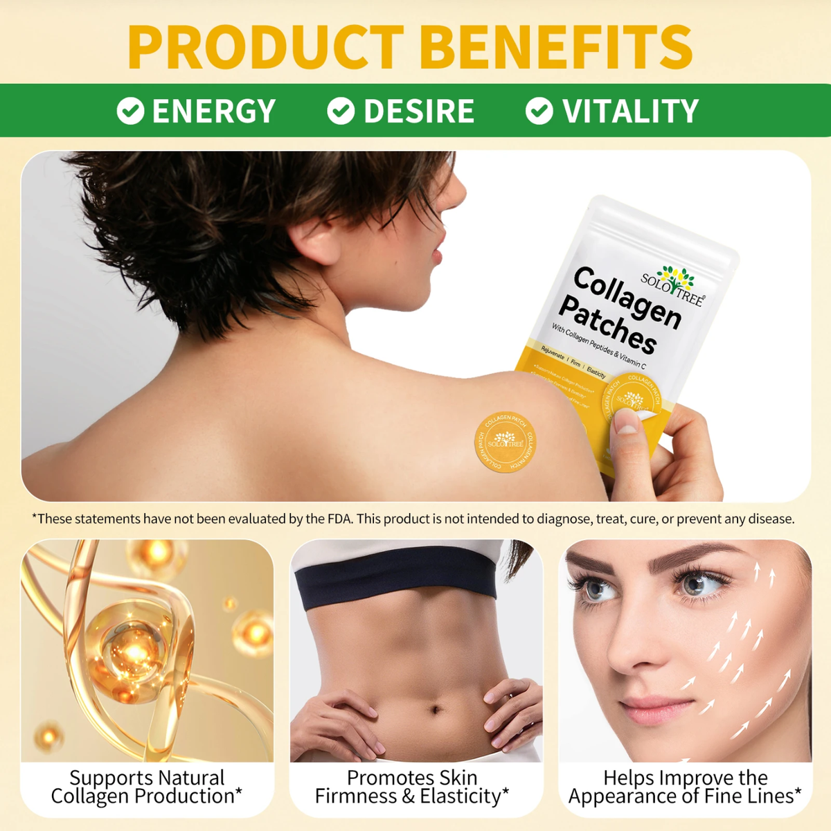 Collagen Peptide Patches ingredient list: collagen peptides, blueberry extract, black tea extract, seaweed extract, tremella mushroom extract and vitamin C