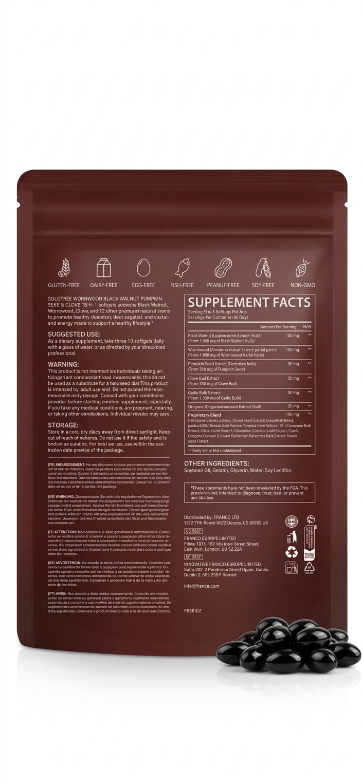 18-in-1 botanical softgels supplement facts: black walnut hull extract, wormwood, pumpkin seed, clove bud, garlic and oregano per 3 softgel serving
