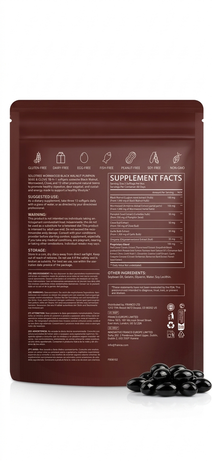 18-in-1 botanical softgels supplement facts: black walnut hull extract, wormwood, pumpkin seed, clove bud, garlic and oregano per 3 softgel serving