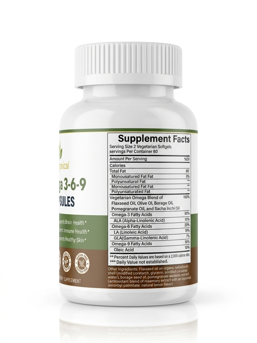 Health & Heal Omega 3-6-9 Vegetarian Softgels — Flaxseed, Olive, Borage, Pomegranate & Sacha Inchi Oil Blend | 120 Softgels