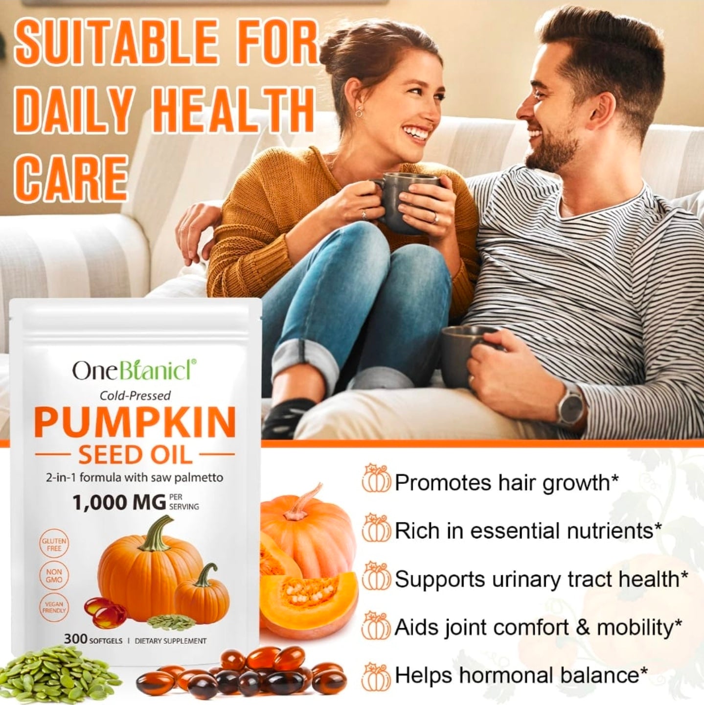 OneBotanic Cold-Pressed Pumpkin Seed Oil with Saw Palmetto — 3 Pack Bundle | 900 Softgels