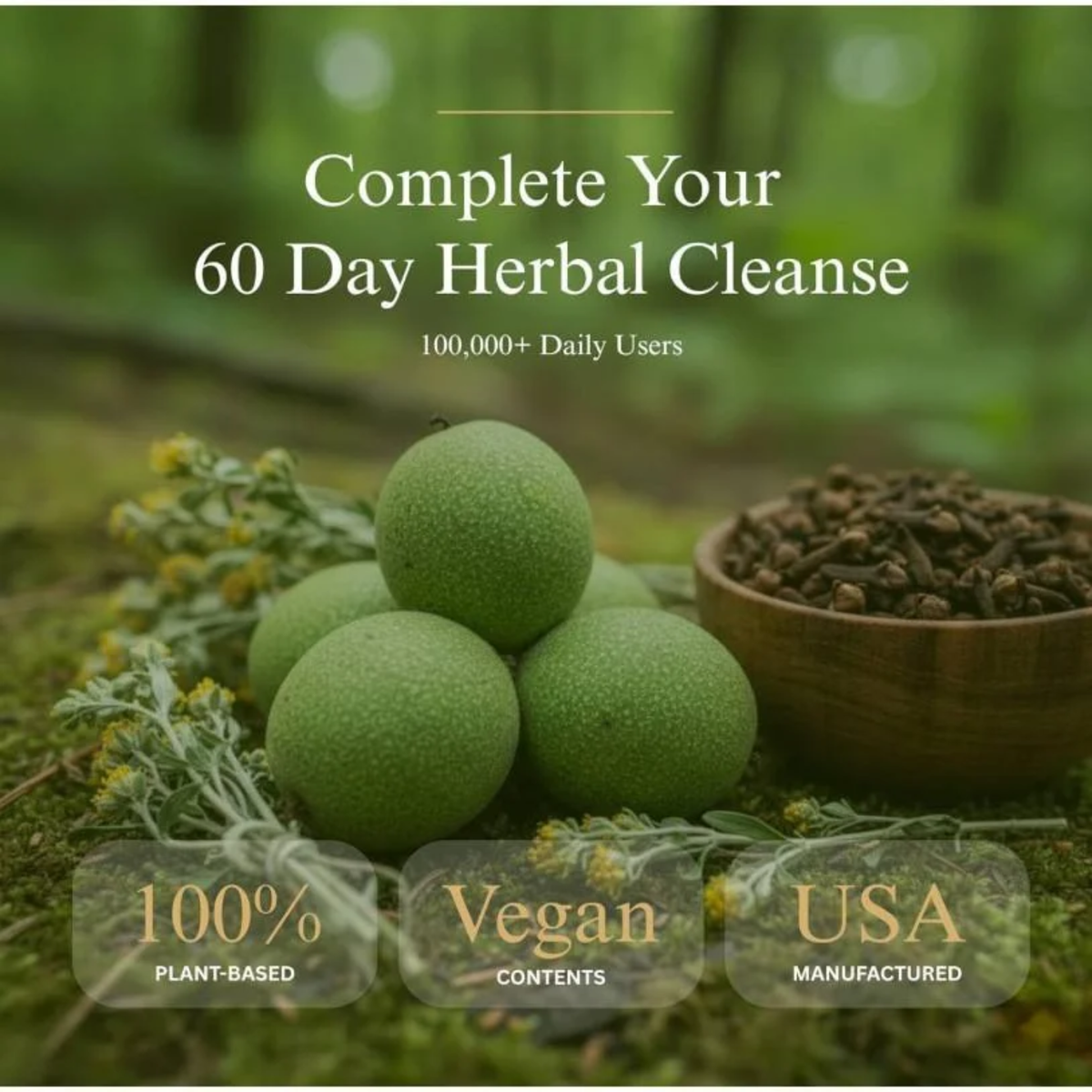 Wormwood, Black Walnut and Clove Capsules 600mg pouch shown with loose capsules and dried botanical ingredients