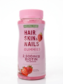 Natural Care Biotin Gummies 2,500mcg with vitamins C and E, strawberry flavoured, 80 gummies, pink bottle front of pack