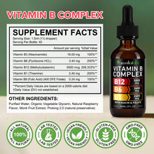 Acential Labs Vitamin B Complex drops supplement facts panel: B3 niacinamide 16mg, B6 pyridoxine HCl 3.4mg, B12 methylcobalamin 5000mcg, B1 thiamine 2.4mg, B9 folic acid 0.24mg, 40 servings per 60mL bottle