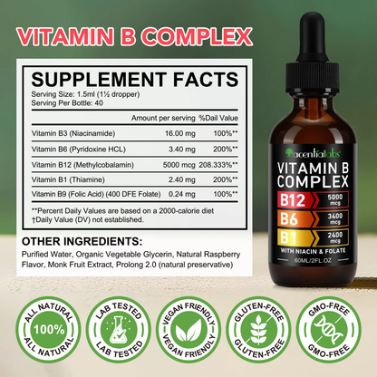 Acential Labs Vitamin B Complex drops supplement facts panel: B3 niacinamide 16mg, B6 pyridoxine HCl 3.4mg, B12 methylcobalamin 5000mcg, B1 thiamine 2.4mg, B9 folic acid 0.24mg, 40 servings per 60mL bottle