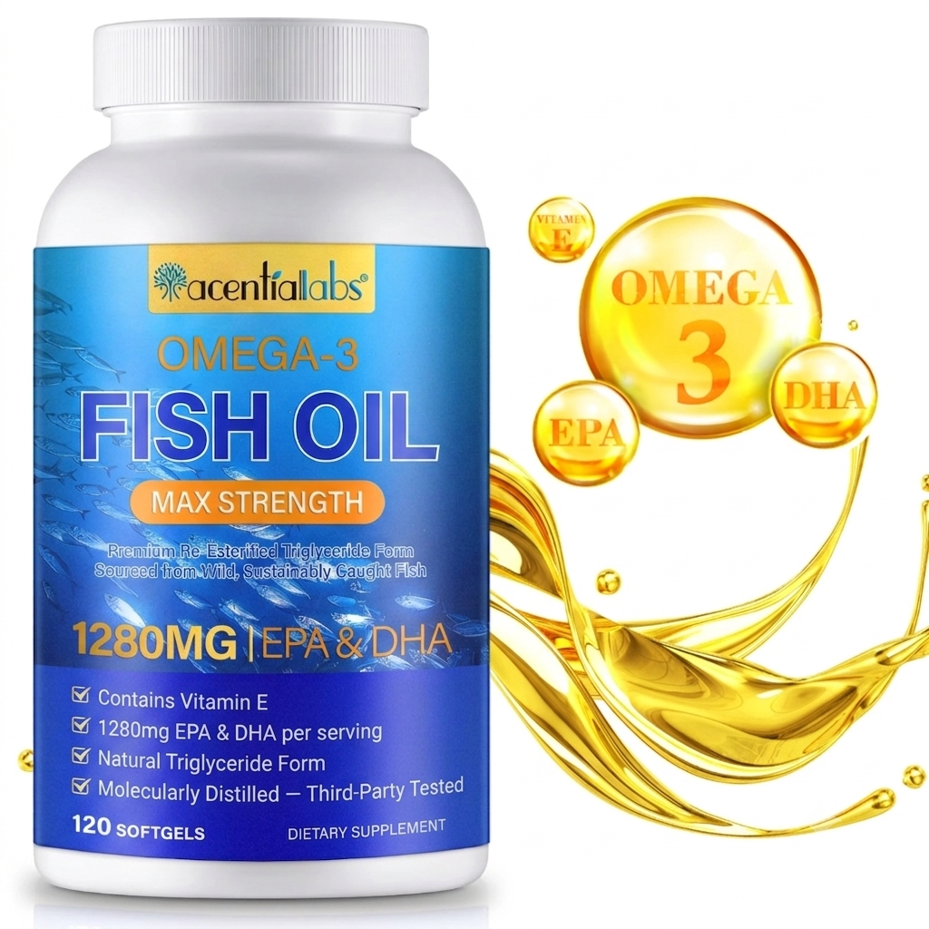 Acential Labs Omega-3 Fish Oil bottle showing 1280mg EPA and DHA per serving, 120 softgels