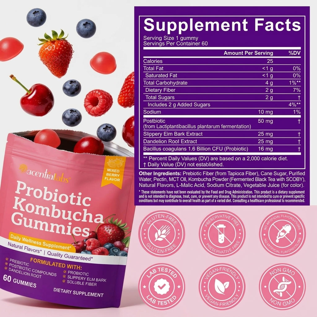 Acential Labs Probiotic Kombucha Gummies | Mixed Berry | 60 Gummies AU