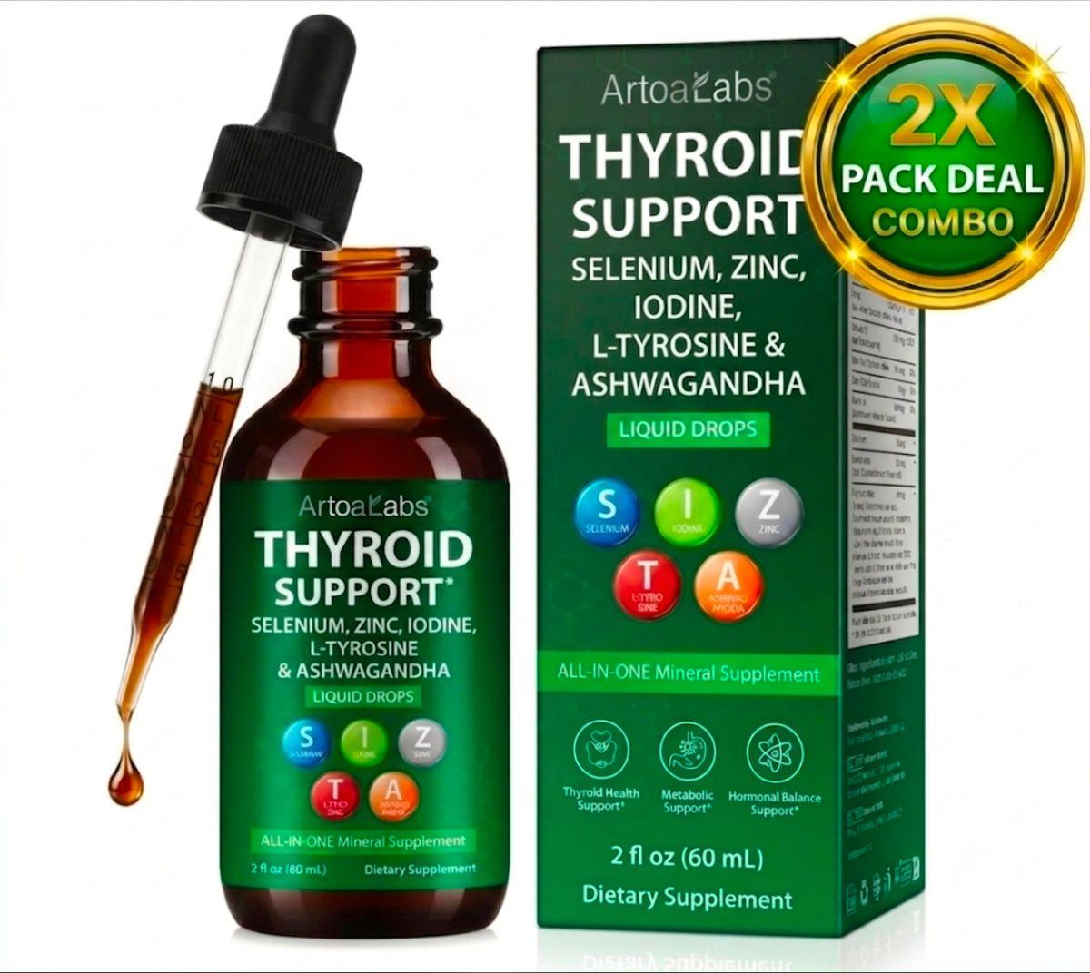 ArtoaLabs Iodine, Selenium, Zinc & L-Tyrosine Liquid Drops — 2 Pack Bundle | 2-Month Supply