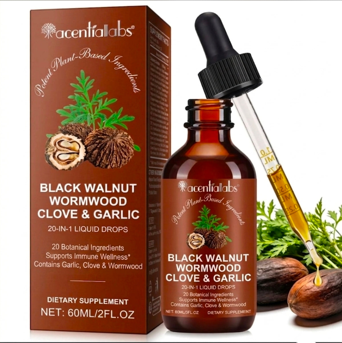 Acential Labs Black Walnut, Wormwood, Clove & Garlic Liquid Drops — 20-in-1 Herbal Blend | 60mL