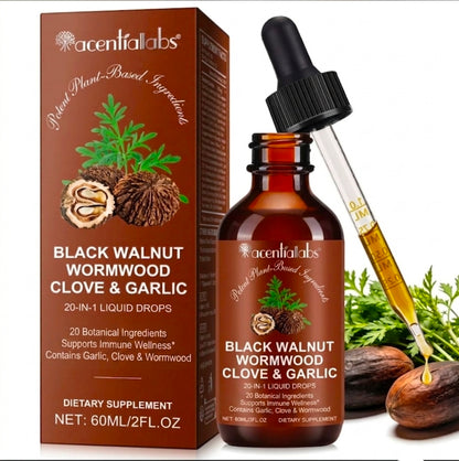 Acential Labs Black Walnut, Wormwood, Clove & Garlic Liquid Drops — 20-in-1 Herbal Blend | 60mL