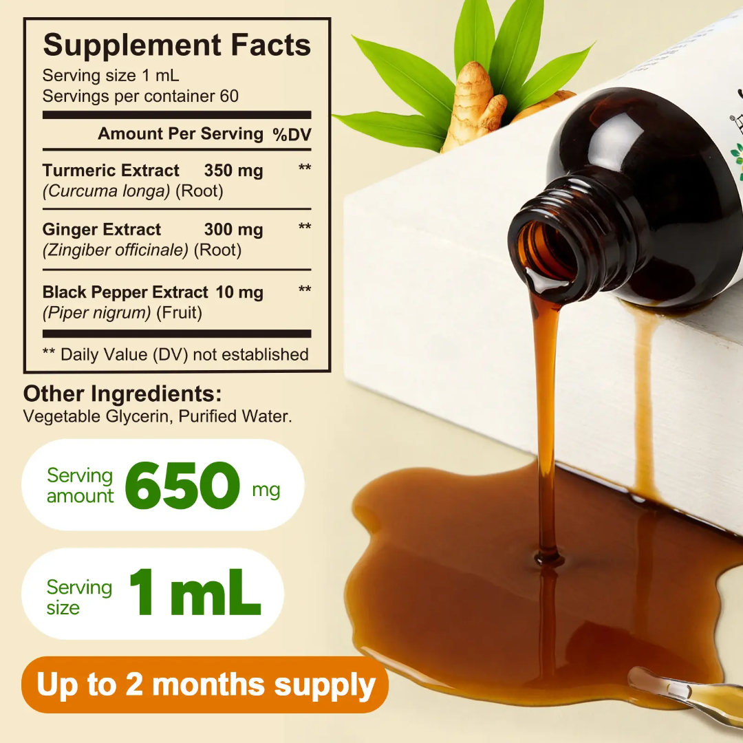 Solo Tree Turmeric and Ginger Liquid Drops supplement facts - turmeric 350mg, ginger 300mg, black pepper 10mg per 1mL