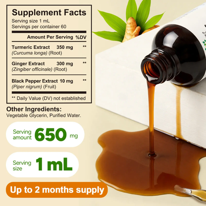 Solo Tree Turmeric and Ginger Liquid Drops supplement facts - turmeric 350mg, ginger 300mg, black pepper 10mg per 1mL