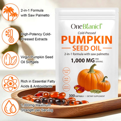 OneBotanic Cold-Pressed Pumpkin Seed Oil with Saw Palmetto — 3 Pack Bundle | 900 Softgels