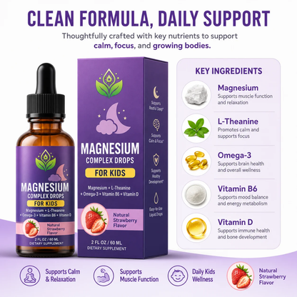 Magnesium Complex Drops with L-Theanine, Omega-3, B6 & Vitamin D | 60mL Strawberry