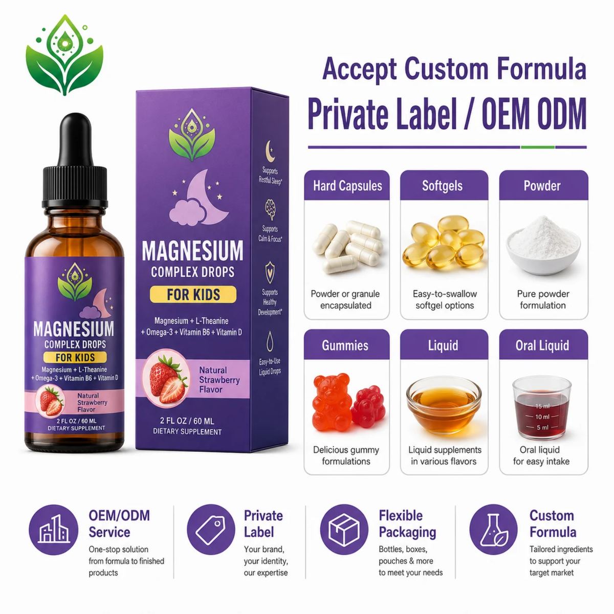 Magnesium Complex Drops with L-Theanine, Omega-3, B6 & Vitamin D | 60mL Strawberry